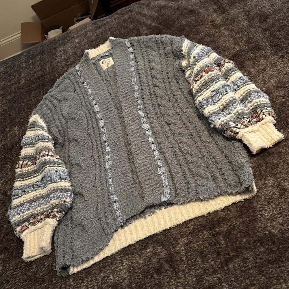 Care Free People Life's Purpose knit woven ribbon trimmed cardigan sweater sz.XS